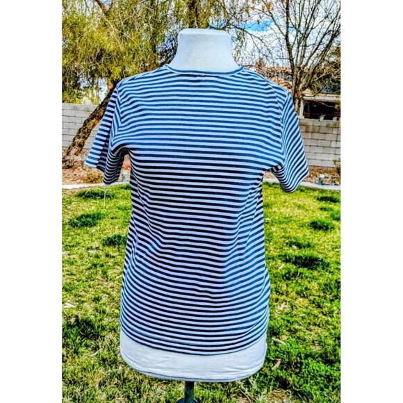 Geoffrey Beene Sport Womens Lg Striped S/S Pullover Stretch Ribbed Shirt Top EUC - Picture 1 of 5